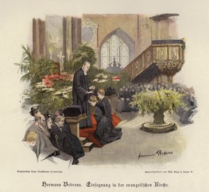 Konfirmationsgudstjeneste i en evangelisk kirke (farvet indgravering) af Hermann Behrens