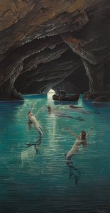 En fisker og havfruer i den blå grotte på Capri