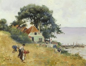 Børn, der samler ved en sø, ca. 1900-10 (olie på panel) af Hermann Seeger