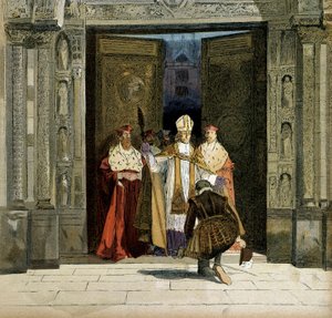 Afsættelse af Henrik IV (1553-1610) i klosteret Saint Denis i nærværelse af Bourges-buen, Renaud de Beaune (1527-1606). Kongen afbød protestantismen den 25. juli 1593. Illustration af Hermann Vogel (1856-1918) i "" Henri IV"" af Hermann Vogel