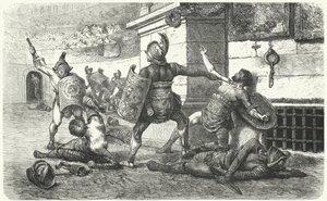 Gladiatorer, der kæmper i arenaen i det antikke Rom