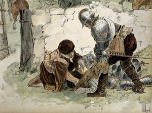 Henri IV (1553-1610) såret under en rekognosering på Aumale mod Mayenne-hæren. Illustration af Hermann Vogel (1856-1918) i “” Henri IV ”” af Hermann Vogel