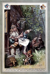 Kinder und hausmarchen (Fortælling om barndom og hjem) (1812): Brødrene Grimms fabler. Cover af Hermann Vogel 1894, der repræsenterer Snehvide og de syv dværge.