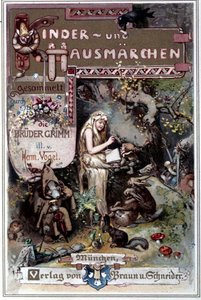 Kinder und hausmarchen (Fortælling om barndom og hjem) 1812: Brødrene Grimms fabler. Forside af Hermann Vogel fra 1894 forestillende Snehvide.