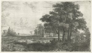 Træfyldt landskab med overdækket vogn af Hermanus Jan Hendrik van Rijkelijkhuysen