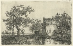 Kvinde med en kurv foran et bondehus på vandet af Hermanus Jan Hendrik van Rijkelijkhuysen