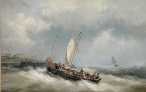 En lugger går ind i havn i en storm (olie på lærred)