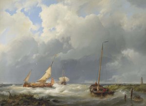 Kystscene med fiskefartøjer af Hermanus Koekkoek