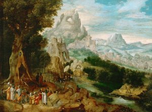 Paysage avec Saint Jean Baptiste prechant - Landskab med Johannes Døberens prædiken, af Herri met de Bles (Henri Bles) (1510-1550). Olie på træ, ca 1535-1540. Mål: 29x39 cm. Kunsthistorisk Museum, Vienne