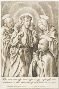 Ignatius af Loyola knælende foran Kristus, Jomfru Maria og Sankt Peter af Hieronymous Wierix