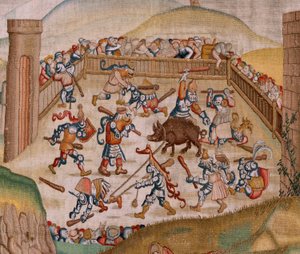 flamsk gobelin. Serie fire gobeliner efter Hieronymus Bosch. Sankt Martin (San Martín). Første gobelin i serien. Model Inspireret af Hieronymus Boschs arbejde. Fremstilling Ukendt værksted, Bruxelles. Før 1560. Stof Guld, sølv, silke og woo af Hieronymus (after) Bosch
