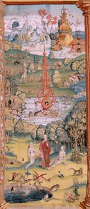 flamsk gobelin. Serie fire gobeliner efter Hieronymus Bosch. De jordiske glæders have (Jardín de las Delicias). Fjerde gobelin i serien. Model Inspireret af Hieronymus Boschs arbejde. Fremstilling Ukendt værksted, Bruxelles. Før 1560. Fa af Hieronymus (after) Bosch