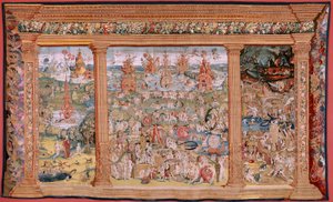 flamsk gobelin. Serie fire gobeliner efter Hieronymus Bosch. De jordiske glæders have (Jardín de las Delicias). Fjerde gobelin i serien. Model Inspireret af Hieronymus Boschs arbejde. Fremstilling Ukendt værksted, Bruxelles. Før 1560. Fa