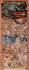 flamsk gobelin. Serie fire gobeliner efter Hieronymus Bosch. De jordiske glæders have (Jardín de las Delicias). Fjerde gobelin i serien. Model Inspireret af Hieronymus Boschs arbejde. Fremstilling Ukendt værksted, Bruxelles. Før 1560. Fa