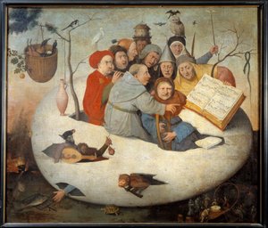 Koncerten i ægget Satire over alkymi symboliseret ved det filosofiske æg. Maleri efter Hieronymus Van Aeken (Aken) dit Jerome Bosch (1450-1516) 1400-tallet søn. 1,08x1,26 m Lille, musee des Beaux Arts. - Koncerten i Ægget. Satire over alkymi sym