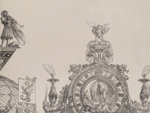 The Pinnacle of the Right Portal, og en trompetist og standard fra den centrale portal, fr..., 1515.