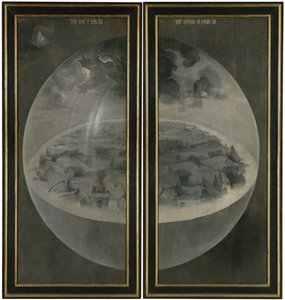 Skabelsen af ​​verden, der repræsenterer jordens kosmiske sfære (Bulle). Bagsiden af ​​skodderne i triptykonen ""Jordiske glæders have"". Maleri af Hieronymus Van Aeken (Aken) kendt som Hieronymus Bosch (1450-1516)
