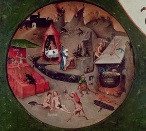 Bordplade af de syv dødssynder og de fire sidste ting, detalje fra helvede, ca. 1480 (olie på panel) af Hieronymus Bosch