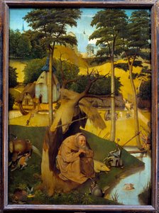 Fristelsen af Saint Anthony er eremitten Saint Anthony den store (251-356) (eller Saint Anthony eremitten eller Saint Anthony Abbe) udsat for fristelserne fra djævelen i ørkenen. Maleri af Hieronymus van Aeken (AKEN) DIT Jerome Bosch (1450- af Hieronymus Bosch