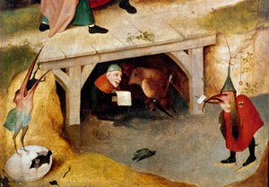 Triptykon af fristelser, detaljer. Venstre side: Sankt Antonius den Stores flugt og fald (eller Sankt Antonius Eremiten eller Sankt Antonius Abbe. Maleri af Hieronymus Van Aeken (Aken) dit Jerome Bosch (1450-1516) af Hieronymus Bosch