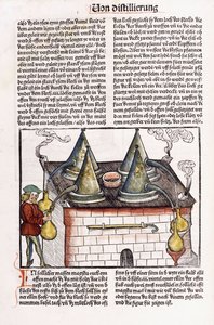 Illustration af et destilleri fra det sene 15. århundrede til at udvinde æteriske olier fra planter, 1500