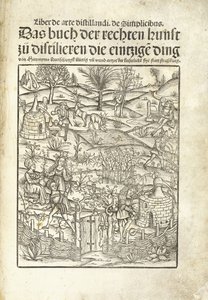 Titelblad, der illustrerer urtedestillerier med figurer i et landskab af Hieronymus Brunschwig