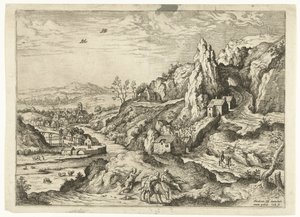 Abraham og Isak på vej til offerstedet Landskaber med bibelske og mytologiske scener (serietitel) af Hieronymus Cock