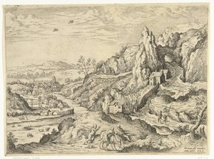 Abraham og Isak på vej til offerstedet Landskaber med bibelske og mytologiske scener (serietitel) af Hieronymus Cock