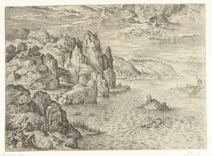 Kystlandskab med Hero og Leander Hero og Leander Landskaber med bibelske og mytologiske scener (serietitel) af Hieronymus Cock