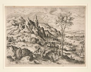 Daphne forfulgt af Apollo, fra Landskaber med bibelske og mytologiske scener af Hieronymus Cock
