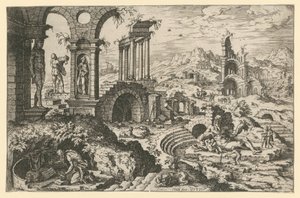 Den hellige Hieronymus i et ruinlandskab af Hieronymus Cock