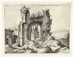 Første udsigt over Caracalla-badene Ex Rvinis Thermarvm Antonii Pii (...) (titel på objekt) Romerske ruiner (serietitel) af Hieronymus Cock