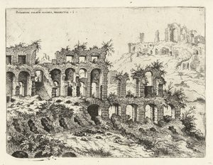 Udsigt over Colosseum og Palatinerhøjen Rvinarvm palatii maioris, prospectvs 1 (titel på objekt) Romerske ruiner (serietitel)