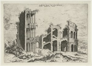Udsigt over Septizonium og Colosseum i Rom Septizonii Severi Imp (...) (titel på objekt) Romerske ruiner (serietitel) af Hieronymus Cock