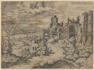 Ruinerne af Palatin med panoramaudsigt over landskabet, blad 3 i serien »Praecipua aliquot Romanae Antiquitatis Ruinarum Monimenta [...]«