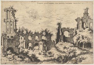 Udsigt over ruiner på Palatinerhøjen med trabeat facade til venstre og arkader i midten, fr..., 1550.