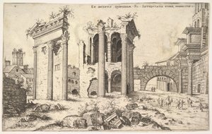 Udsigt over uidentificerede ruiner med skåret facade til venstre, arkader i midten og bue ved r..., 1551.