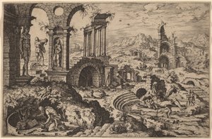 Sankt Hieronymus i et landskab med ruiner af Hieronymus Cock after Maerten van Heemskerck