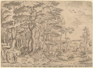 Landskab med Kristi fristelse af Hieronymus Cock after Pieter Bruegel the Elder
