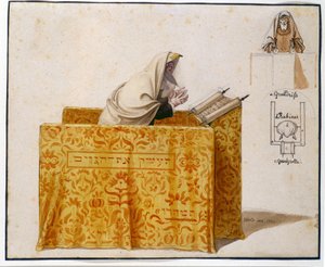Akvarel, fjer, 27 x 33 cm. Rabbiner i en synagoge, tegning af Hieronymus Hess (1799 - 1850), projekt for figur. (JM 1190) Jødisk Museum Basel, Schweiz. af Hieronymus Hess
