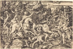 Kamp mellem ryttere og fodsoldater af Hieronymus Hopfer after Raphael