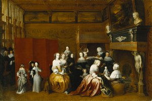 Damer, der fejrer et barns fødsel, og herrer, der ser på bag en skærm, i et interiør, af Hieronymus Janssens
