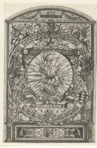 Medaljon med våbentrofæ i ornamental ramme af Hieronymus Wechinger