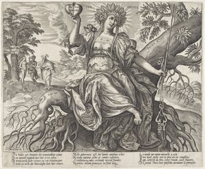 Guldalderen: naturloven Prima tas (titel på objekt) Personificeringer af de tre love styrer verdens tre tidsaldre (serietitel) af Hieronymus Wierix