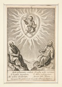 Spædbarnet med et flammende hjerte mellem Ignatius af Loyola og Francis Xavier af Hieronymus Wierix