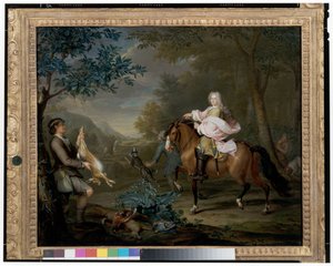 En herre til hest med jægere i et vidtstrakt landskab af Hieronymus van der Mij
