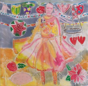 Fe med hjerter og blomster, 2006 (farvestoffer på silke) af Hilary Simon
