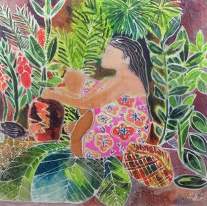 Potter in the Tropics (farvet blæk på silke) af Hilary Simon