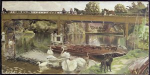 Swans, Cookham Bridge (olie på lærred) af Hilda Carline