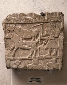 HIMYARIT-KUNST: Relief med arbejdsscene. Yemen, 2. århundrede f.Kr (sten) af Himyarite
